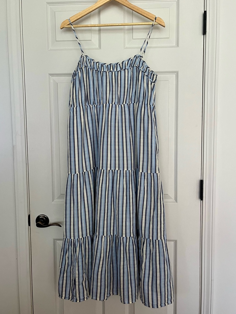 aerie 100% Cotton Blue Stripe Tiered Maxi Sundress with Pockets Medium